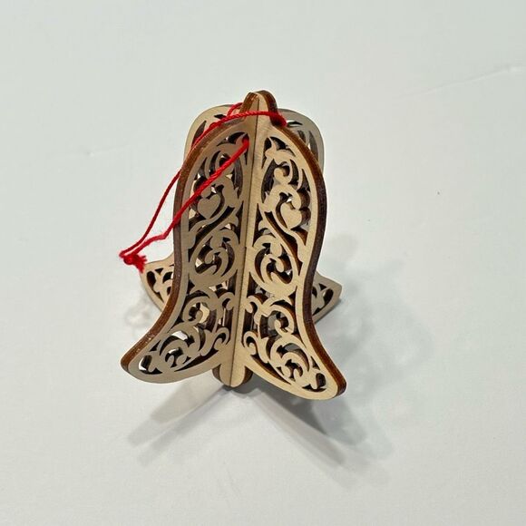 Wooden Bell 3D Style Laser Cut Christmas Tree Ornament Tan Red - Picture 2 of 5